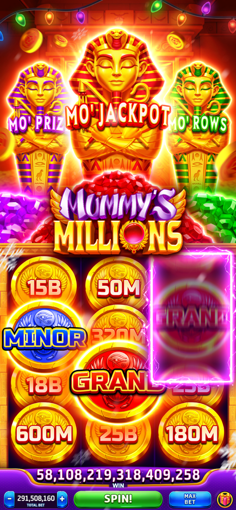 Il gioco Grand Cash Slots mostra il tema Mummy Millions e le alte vincite del jackpot