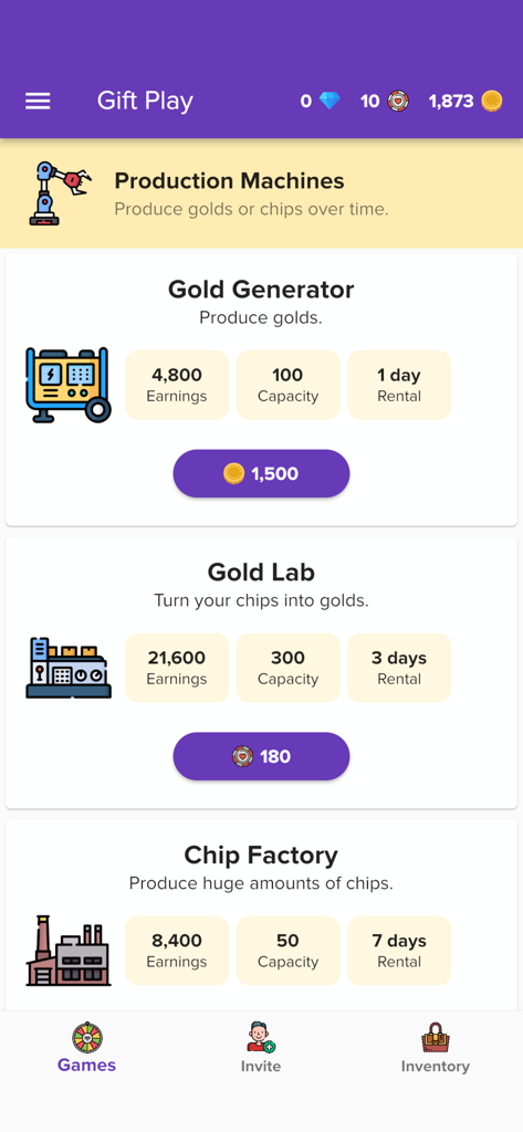 Gift Play - Earn Gift Cards - La pantalla de máquinas de producción en la aplicación Gift Play que muestra opciones para alquilar un Generador de Oro, Laboratorio de Oro y Fábrica de Fichas para ganar recompensas.