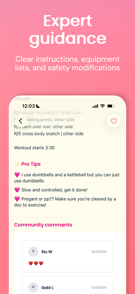 Move it Mama - App interface showing workout instructions pro tips and community feedback.