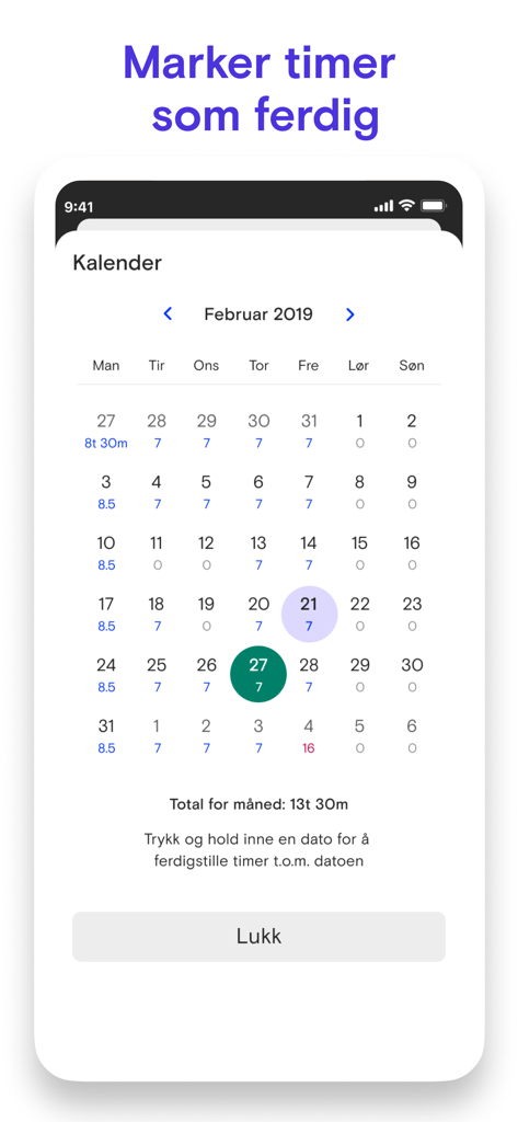 A calendar interface in the Fiken Timeføring app showing a monthly summary of tracked work hours.