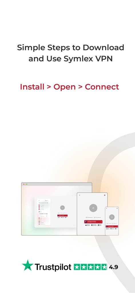 Steps to download and use Symlex VPN across multiple devices with a 4.9 Trustpilot rating.