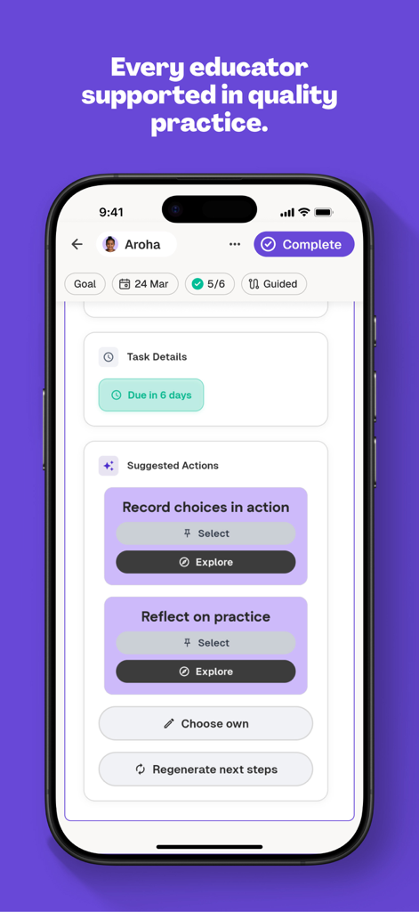 Mana (formerly LoveHeart AI) - 유아 교육자를 위한 제안된 조치 및 작업 세부 정보가 표시된 Mana 앱 인터페이스