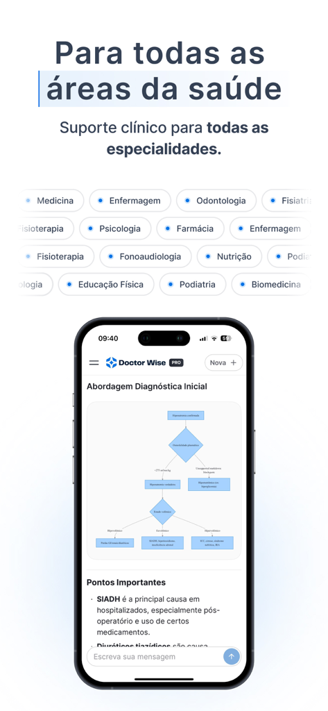 Doctor Wise - Doctor Wise mobile app interface showing a diagnostic flowchart and list of supported healthcare specialties like medicine and nursing
