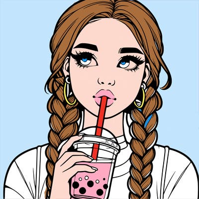 realistic girl with braided hair drinking boba