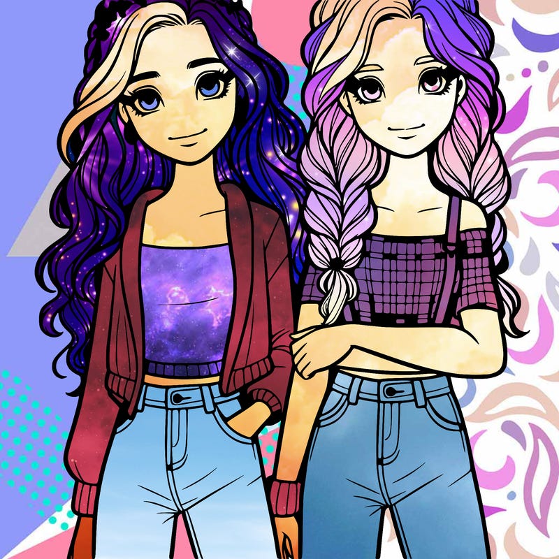 twin teenage sisters, one a girl with wavy hair and one girl with plaits and jeans