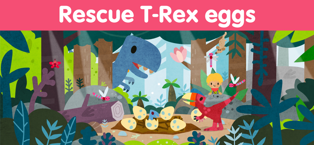 Dinosaur Puzzle Kid Dino Game - Una colorida escena de jungla de dibujos animados que muestra un personaje infantil y dinosaurios para el juego de rescate de huevos de T-Rex
