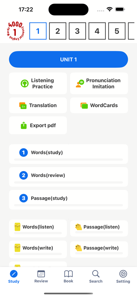 4000 Essential English Words ⑴ - Un menú de la aplicación 4000 Essential English Words que muestra varios módulos de estudio para la Unidad 1, como práctica de escucha y tarjetas de vocabulario