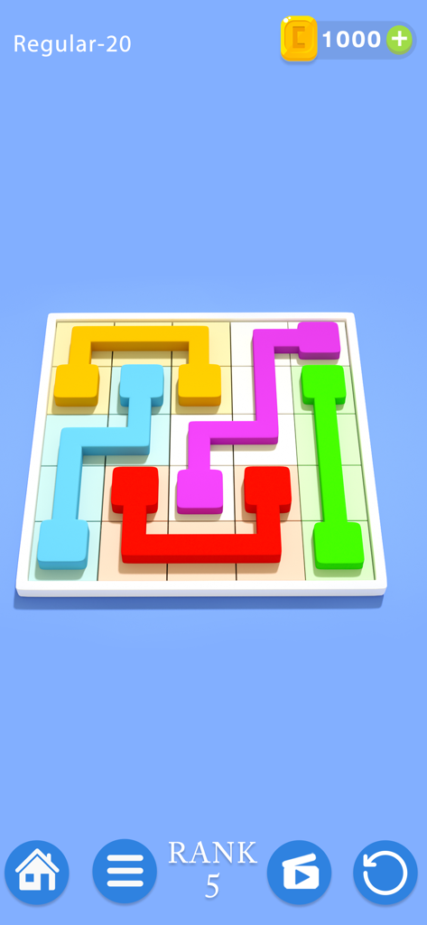 A minimalist logic puzzle in the Puzzledom app showing colored paths connecting blocks on a grid.