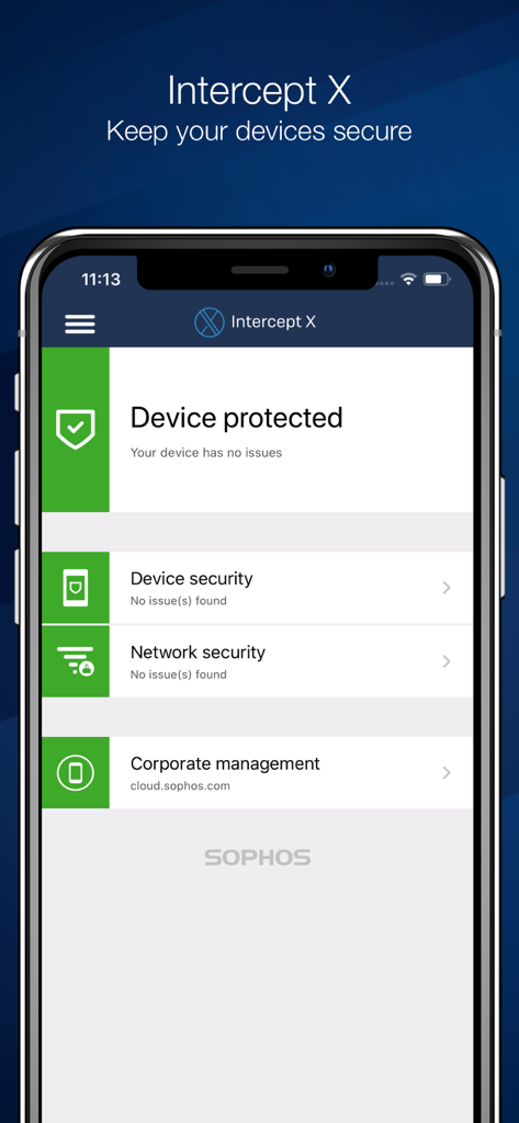 Sophos Intercept X for Mobile - Sophos Intercept X mobile app dashboard showing device protected status on an iPhone