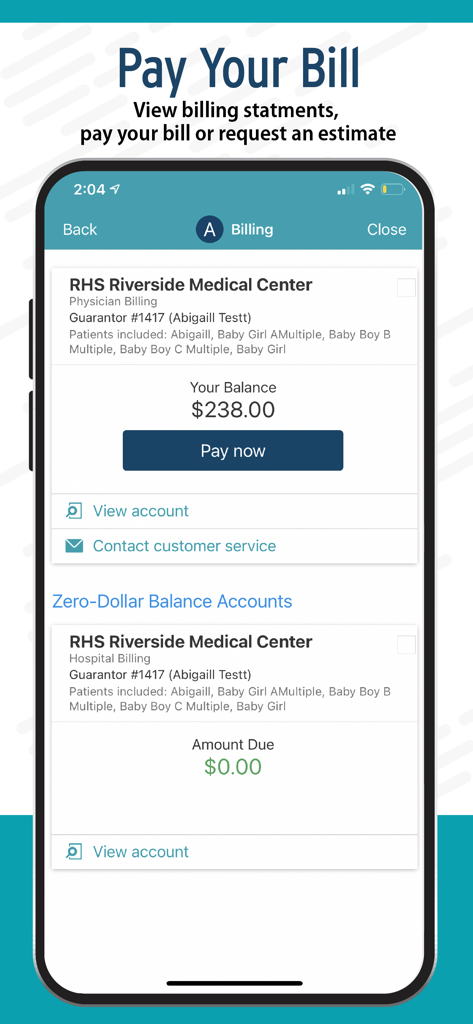 Screenshot of the myRiverside MyChart app billing interface showing a medical balance and pay now option