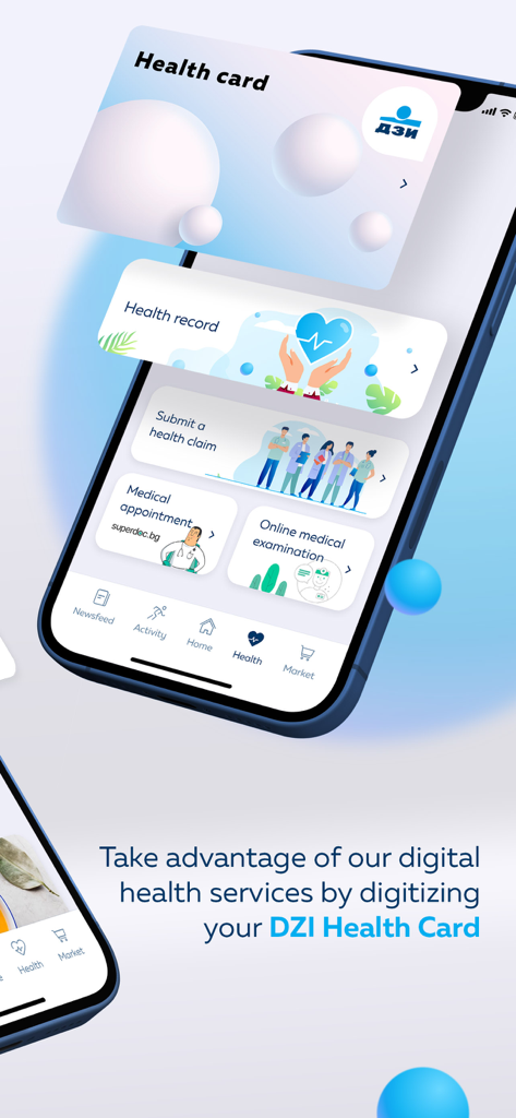 Kaksi - Kaksi app interface showing digital health card and medical services