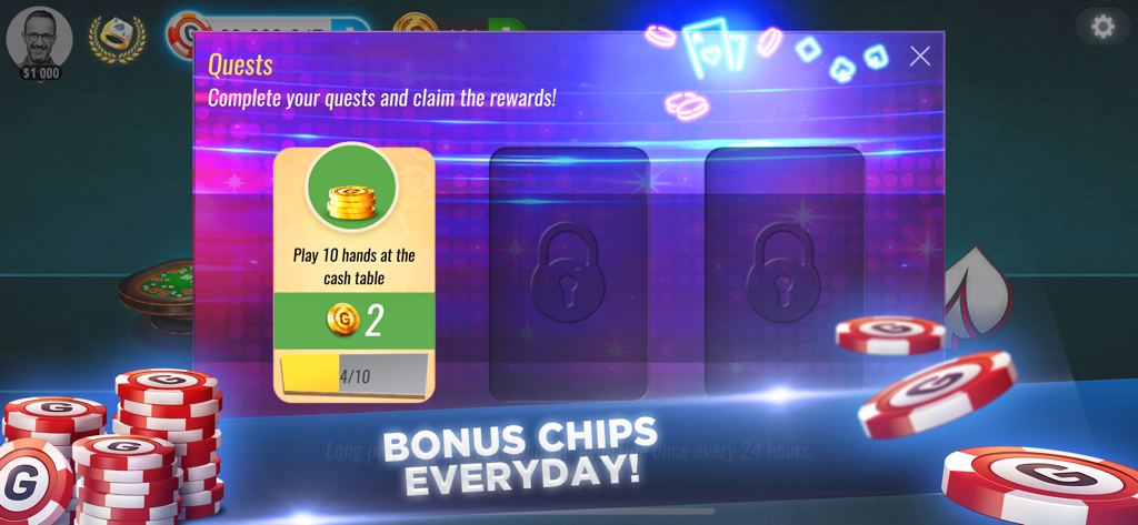 ポーカー・オマハのゲーム内スクリーンショット。デイリークエストメニューにボーナスチップの報酬が表示されています。