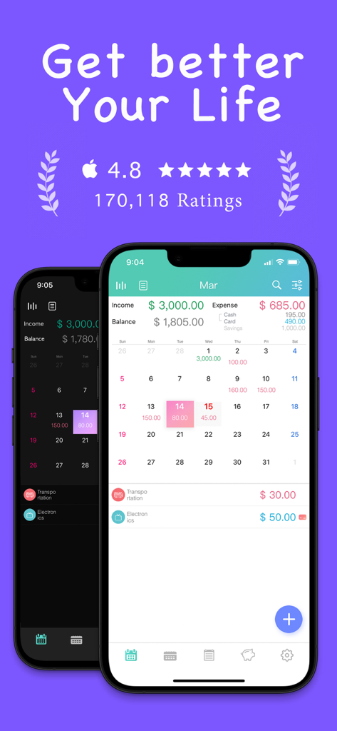 Weple Money expense tracker interface showing monthly budget and calendar view in light and dark modes