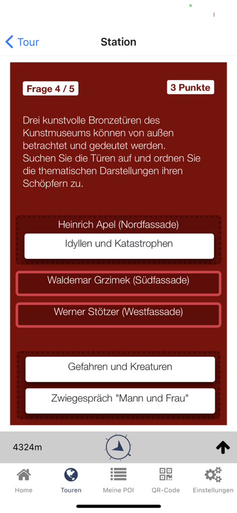 Tourguide Magdeburg - Screenshot di una domanda di quiz storico sulle porte di bronzo del museo nell'app Tourguide Magdeburg