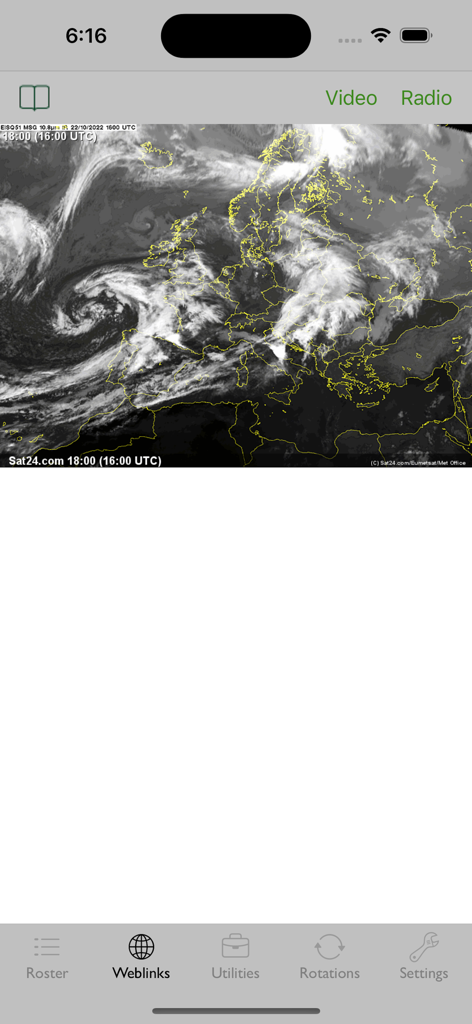 A satellite weather map of Europe displayed within the EasyRoster app interface