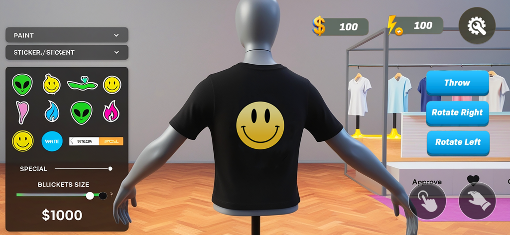 Garments Wear Cloth Simulator - A mannequin in a clothing store simulator wearing a black t-shirt customized with a large yellow smiley face sticker