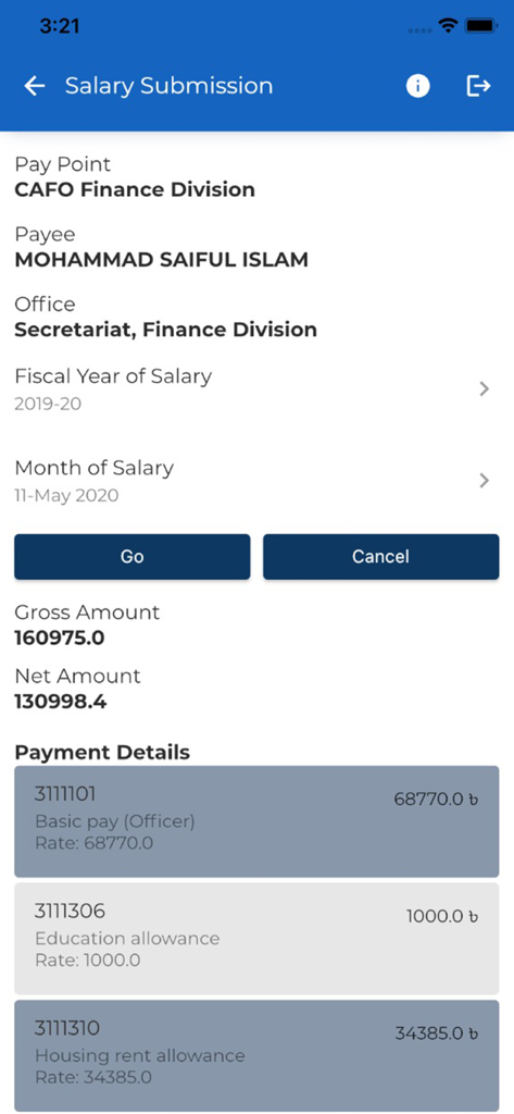 iBAS Pay - Interface of the iBAS Pay app showing salary submission information and payment details for a government employee
