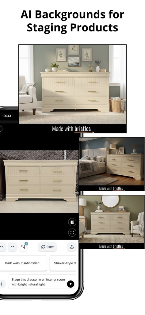 L'application Bristles AI démontrant comment aménager une commode dans différents arrière-plans de pièces réalistes à l'aide d'outils de design IA.