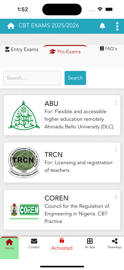 Una pantalla de aplicación móvil de ePractice CBT que muestra exámenes profesionales como TRCN y COREN para la certificación nigeriana.