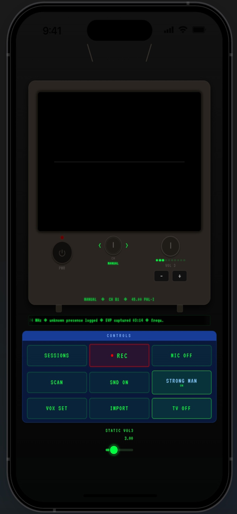 PhantomTV - PhantomTV App-Oberfläche mit Geisterbox-Steuerelementen und EVP-Aufnahmefunktionen
