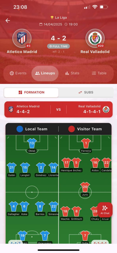Fut Ao Vivo: dahora - Soccer match lineup and tactical formation screen on Footastic app