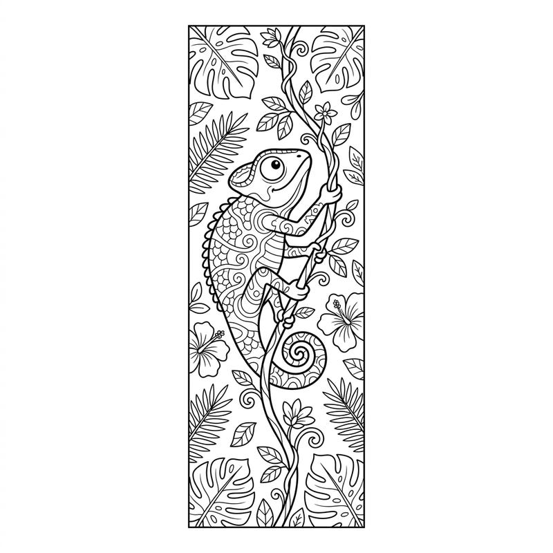 Dive into a tropical adventure with this charming chameleon bookmark coloring page, specially designed for kids. Bring this friendly lizard and its lush jungle home to vibrant life, then use it to mark your favorite stories!