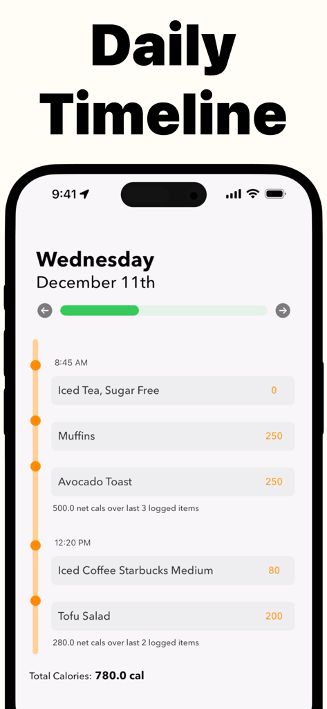 Photo Calorie: AI Food Scanner - Daily timeline view in the Photo Calorie app showing a log of meals and total daily calorie count