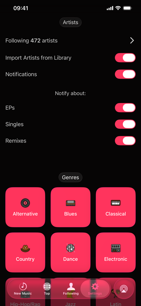 Musicasm: Best New Albums 2026 - Musicasm app screen displaying artist notification preferences and a grid of music genres.