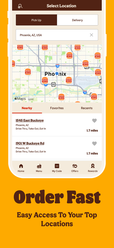 BURGER KING® App - Burger King App-Oberfläche mit einer Karte von nahe gelegenen Restaurants und Geschäftsdetails