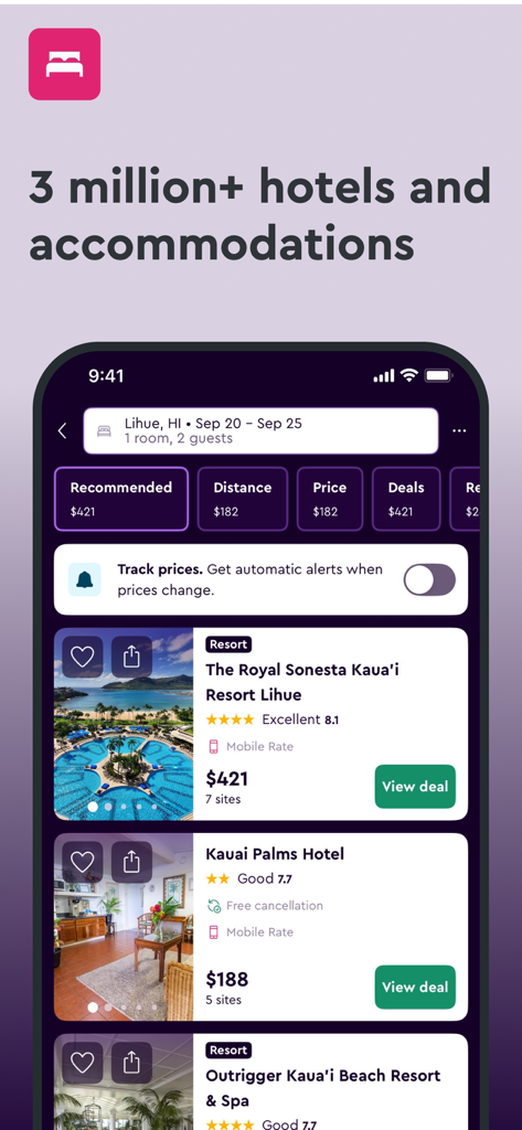 momondo App-Oberfläche, die Hotel-Suchergebnisse und Preisfilter für Hawaii anzeigt