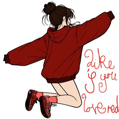 realistic girl jumping with a bun and oversized sweatshirt