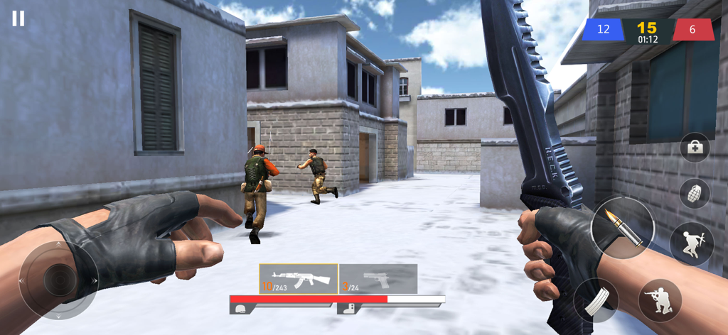 Critical Terrorist Shoot FPS - First person gameplay of Critical Terrorist Shoot FPS showing a player wielding a combat knife in an urban environment