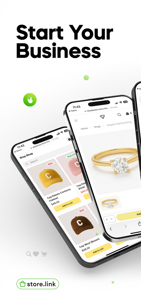 Store.link - Dos iPhones mostrando escaparates de comercio electrónico móvil para joyería y ropa creados con la aplicación Store link
