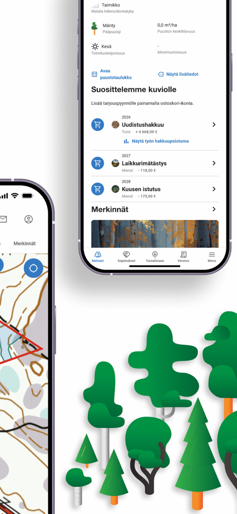 eMetsä Mobiili - Capturas de tela do aplicativo florestal eMetsä Mobiili mostrando dados de povoamento florestal, projeções financeiras de colheita de madeira e mapas topográficos de propriedades.