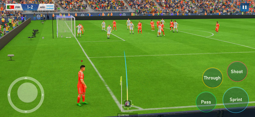 Football 2025 - Soccer Games - Football 2025 soccer gameplay showing a player preparing a corner kick with on-screen mobile controls.