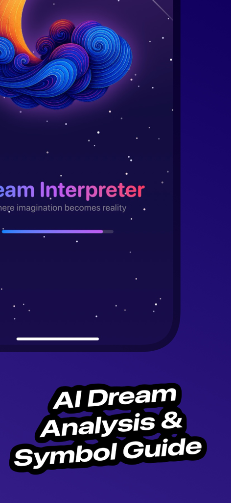 Welcome screen of the Dream Meaning AI Interpreter app featuring celestial graphics and a crescent moon
