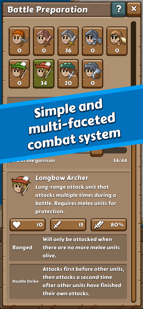 Paragon Pioneers - Pantalla de preparación de batalla que muestra tipos de unidades y estadísticas de arqueros con arco largo en Paragon Pioneers