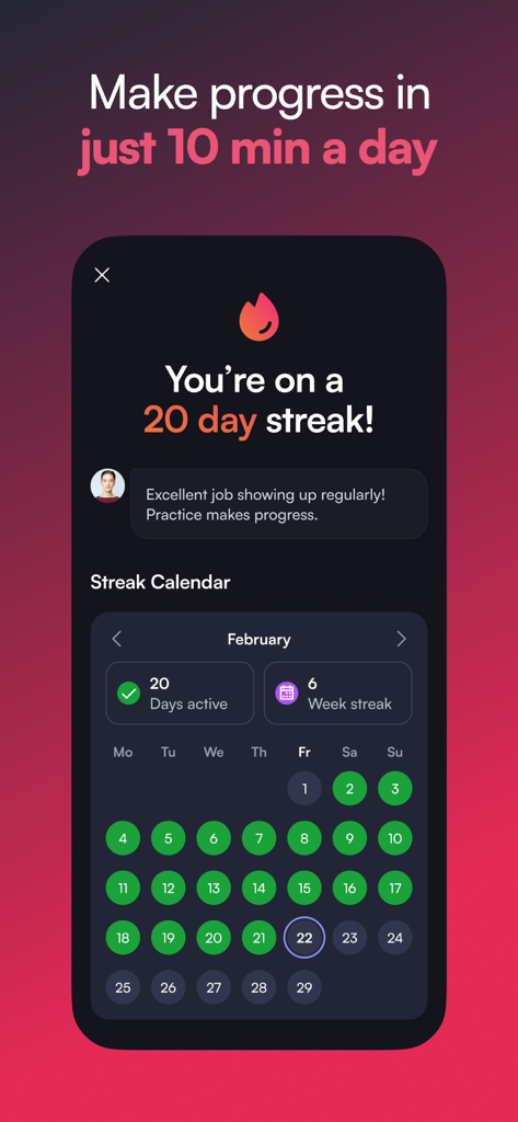 BoldVoice: Accent Training - BoldVoice app screen showing a 20 day practice streak and monthly progress calendar