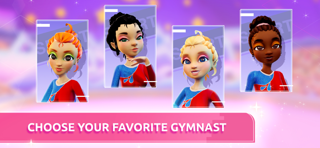 Gymnastics Training 3D: Master - Character selection screen in Gymnastics Training 3D Master showing four unique gymnasts.