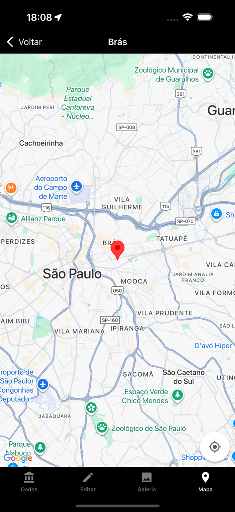 Relatório CCB - Visão de mapa do aplicativo Relatorio CCB mostrando um marcador de local de igreja em São Paulo