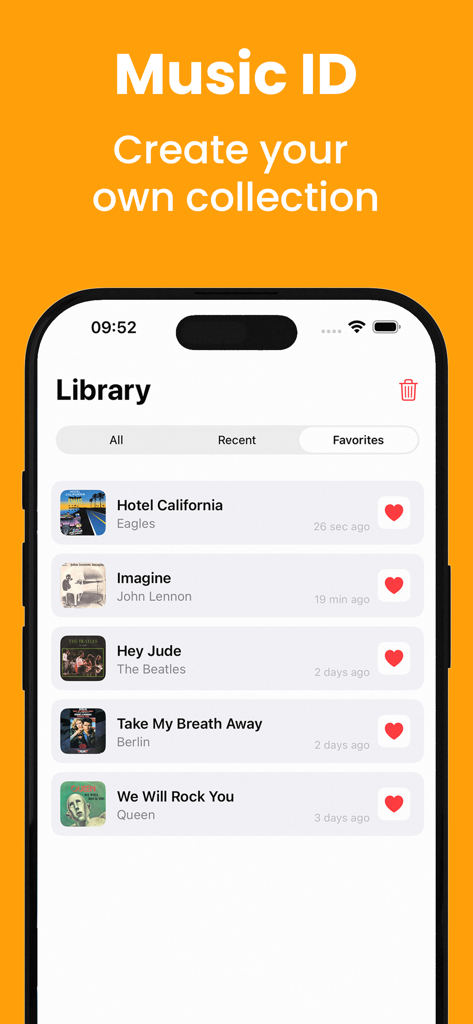 A smartphone displaying a collection of recognized songs in the Song Finder library