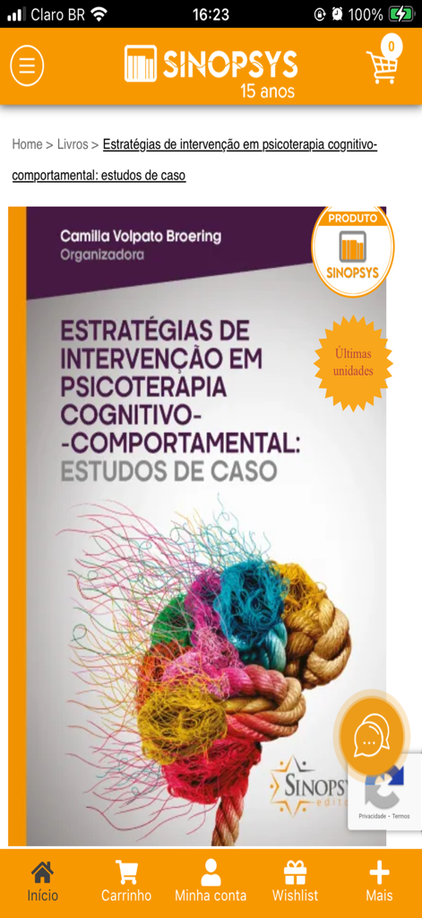 Écran d'application mobile de Sinopsys Editora montrant un livre de psychologie sur des études de cas de thérapie cognitivo-comportementale.