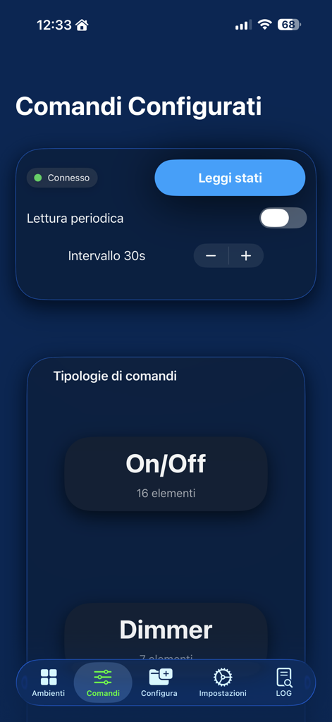 KNX Pro Tester - KNX Pro Tester App-Oberfläche, die konfigurierte Befehle und Statusüberwachung für Ein-/Aus- und Dimmerelemente anzeigt