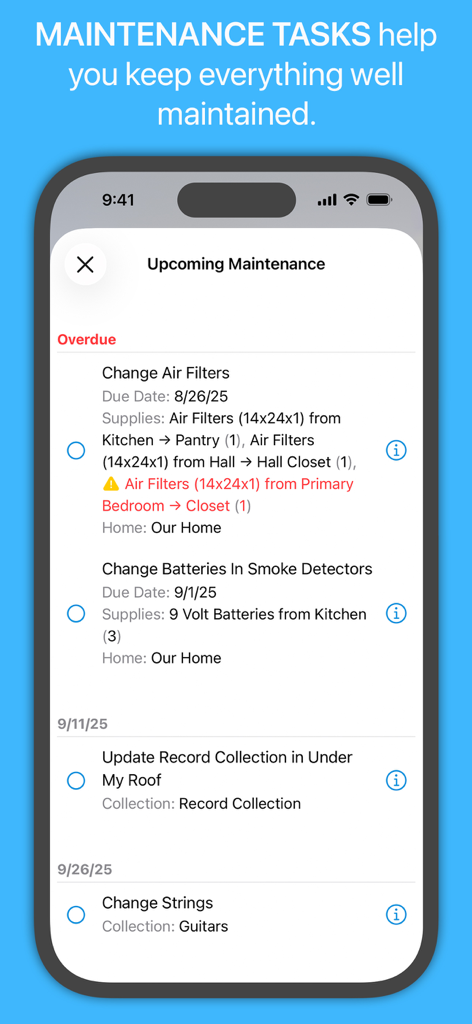 Under My Roof Home Inventory + - A screen from the Under My Roof app showing a list of overdue and upcoming home maintenance tasks