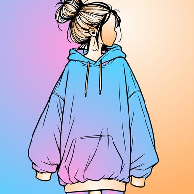 realistic girl with a oversized sweatshirt on and a bun