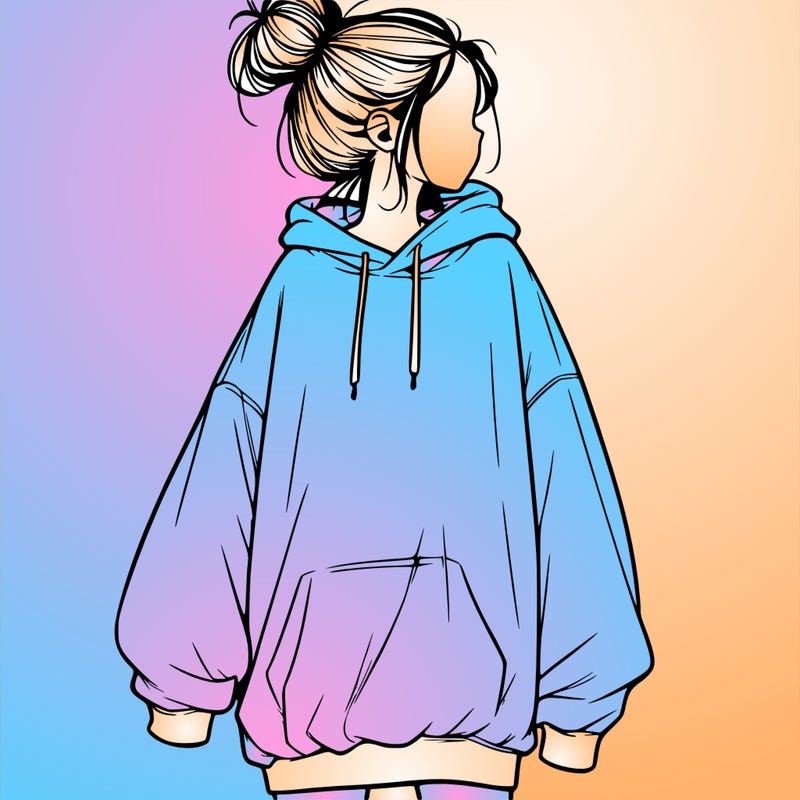 realistic girl with a oversized sweatshirt on and a bun