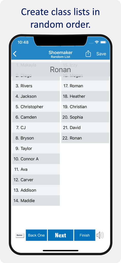 A mobile app interface displaying a randomized list of student names for classroom management.