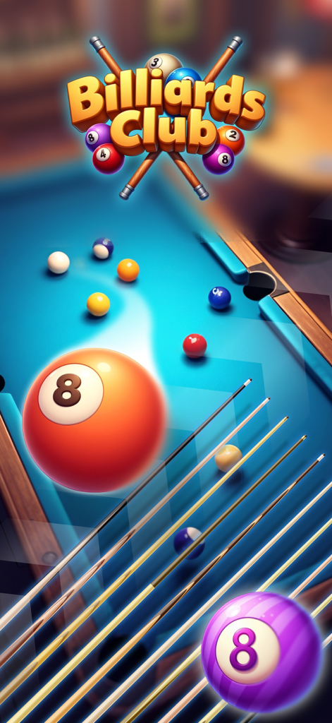 Tela inicial do jogo Billiards Club mostrando uma mesa de sinuca azul com várias bolas e tacos premium