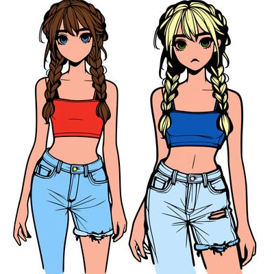 a realistic teen with two plats and some bangs wearing ripped jeans and a cut crop top