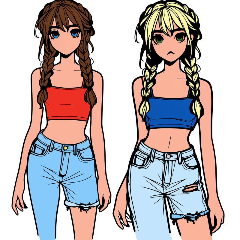 a realistic teen with two plats and some bangs wearing ripped jeans and a cut crop top